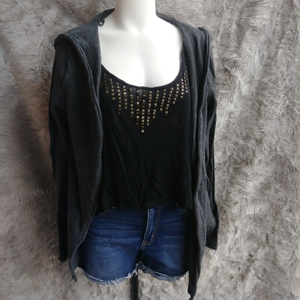 Gray Assymetrical Hooded Cardigan - Picture 1 of 4